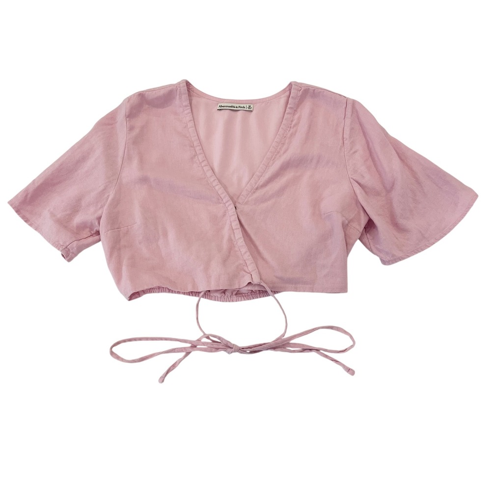 Abercrombie & Fitch Pink Linen Blend Wrap Crop Top Short Sleeve Size M